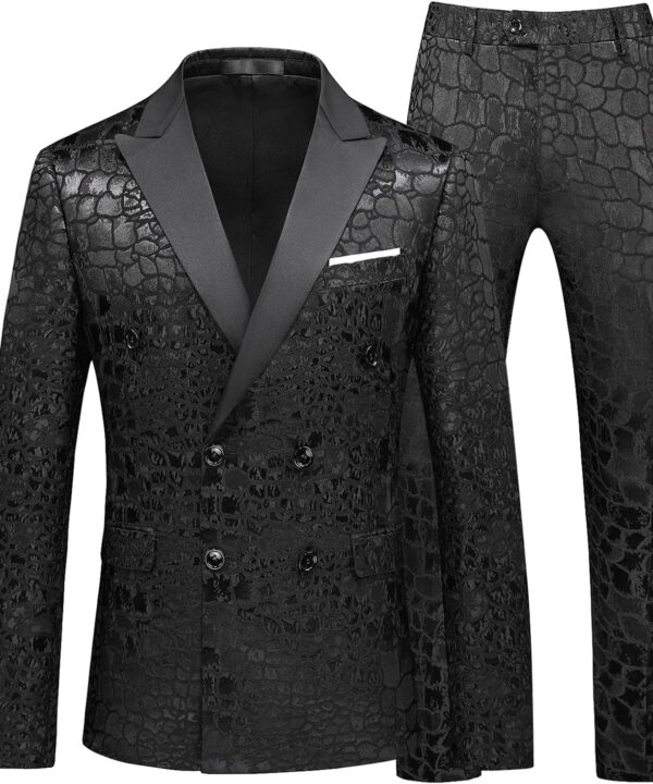 MOGU Mens 2 Piece Double Breasted Suit Jacquard Slim Fit Formal Groomsmen Wedding Party Black Tuxedo