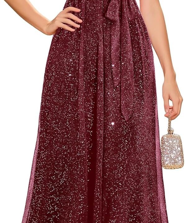 Pinup Fashion Formal Gowns and Evening Dresses - Glitter Prom V Neck Flutter Sleeve A-line Long Dress with Belt