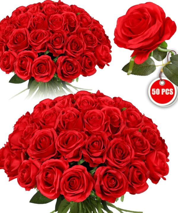 FLORRALIA 50PCS Artificial Silk Roses Flowers  Realistic Fake Roses in Bulk & Bouquet Long Stem Red Rose for Wedding Centerpieces, Home Decor, Floral Arrangements, Party Decoration (Red)