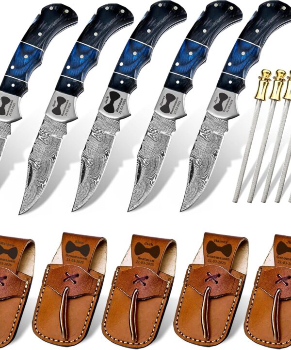 Set of 5 - Personalized Damascus Pocket Knife for Groomsmen -With Leather Sheaths - Custom Engraved Pocket Knives | Groomsman Gifts for Wedding, Groomsmen Proposal Gifts