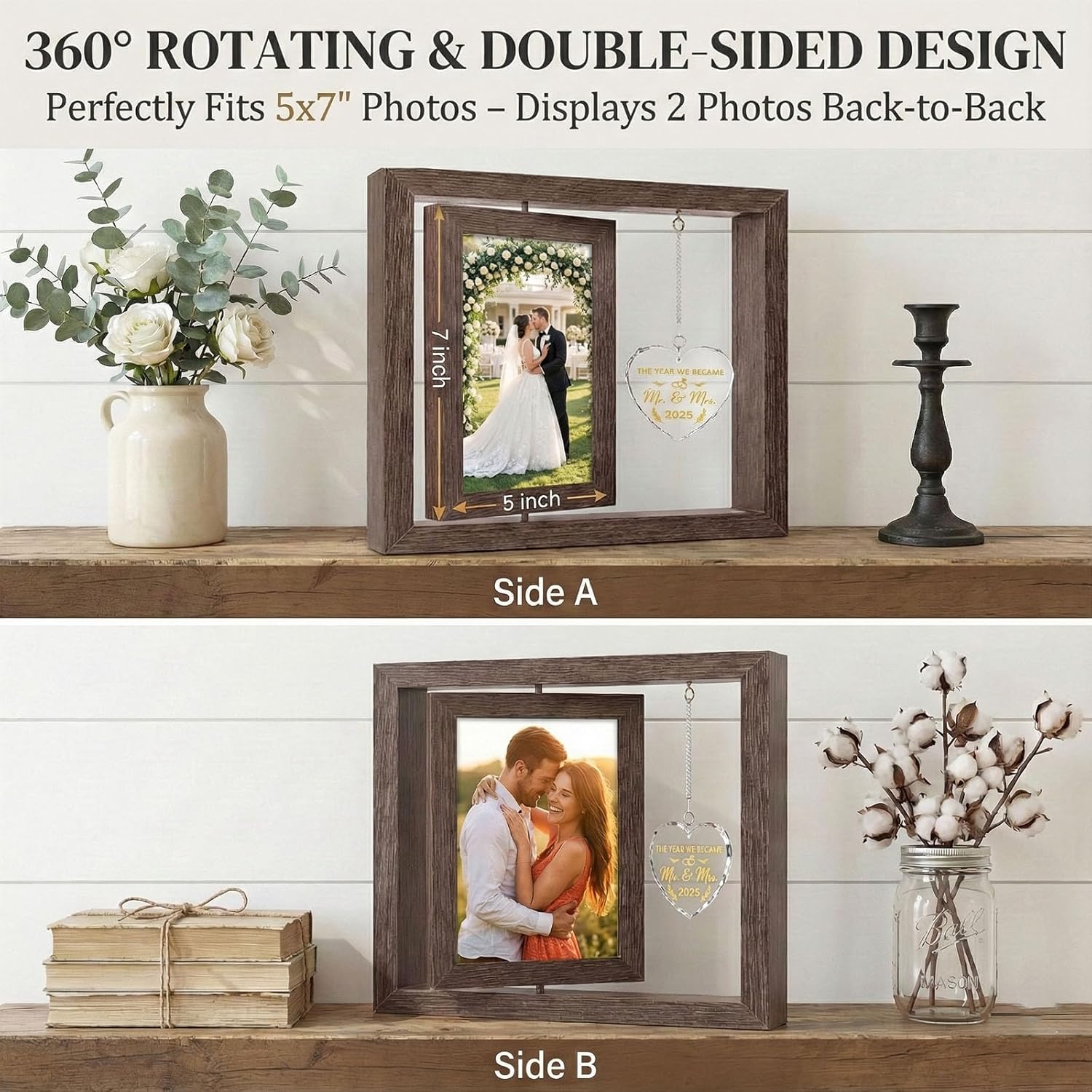 1 Year Anniversary Photo Frame Gifts, 2025 Mr and Mrs Personalized Wedding Picture Frame, Newlywed Gift for Couples, 5×7 Pictures Frame, Display 2 Photos