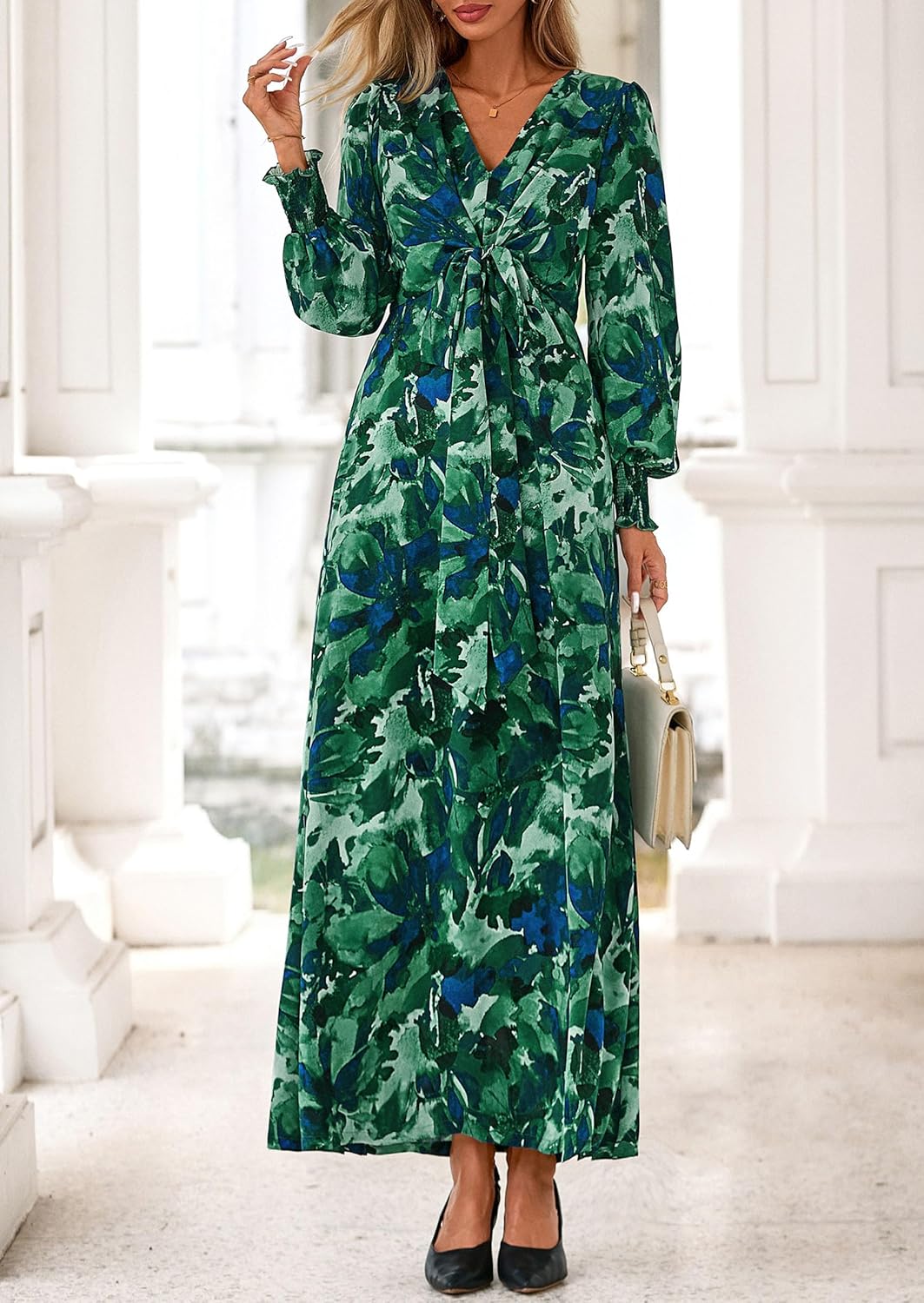 PRETTYGARDEN Womens 2026 Spring Wedding Guest Dresses Floral Long Sleeve V Neck Belted Long Flowy Boho Maxi Dress