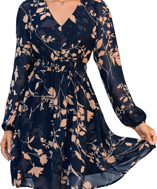 Simplee Womens Floral Mini Dress Long Sleeve Casual V Neck Chiffon Modest Boho Flowy Fall Wedding Guest Dresses