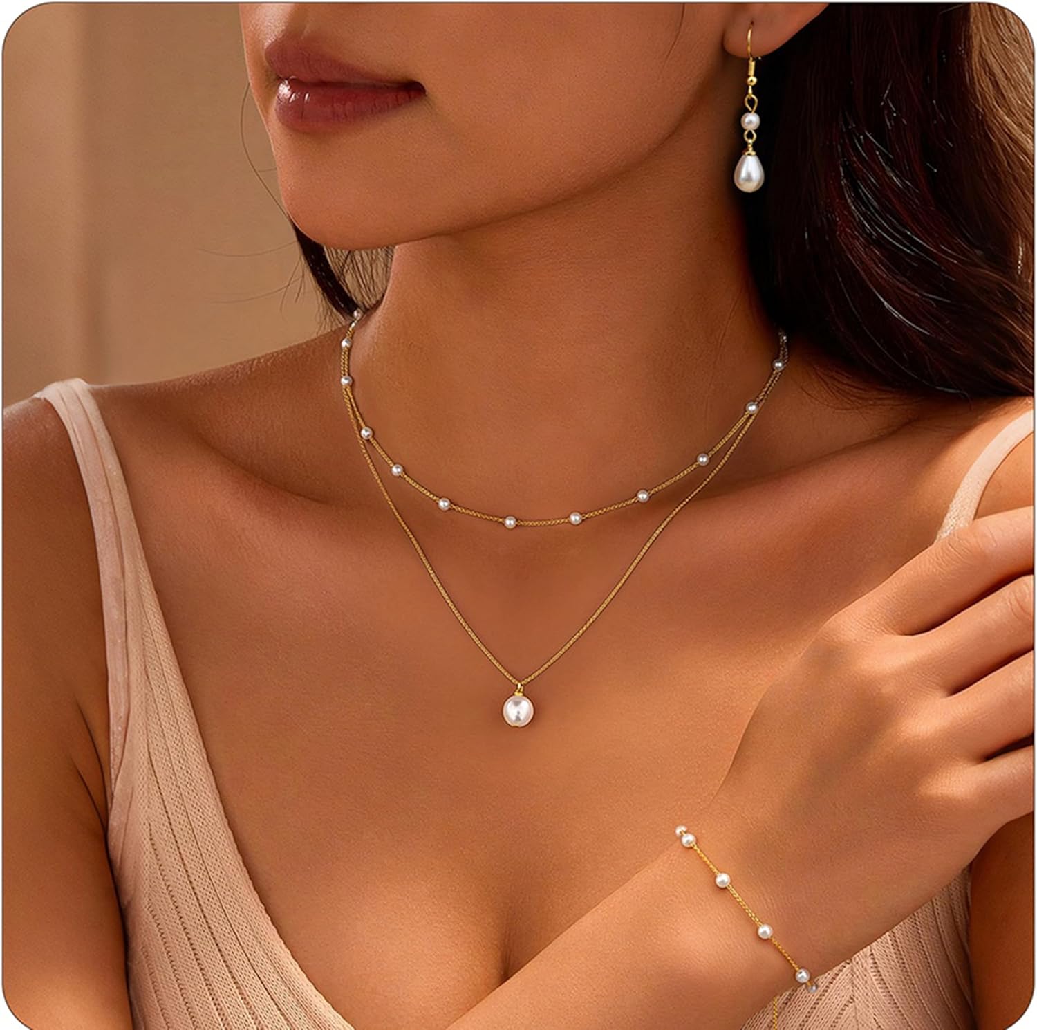 YADOCA Gold Jewelry Set for Women – 16K Gold Plated Pearl Necklace and Earring Set With Drop Earrings,Charm Layered Necklace,Adjustable Bracelets – Dainty Womens Pearl Jewelry Set For Wedding Gifts