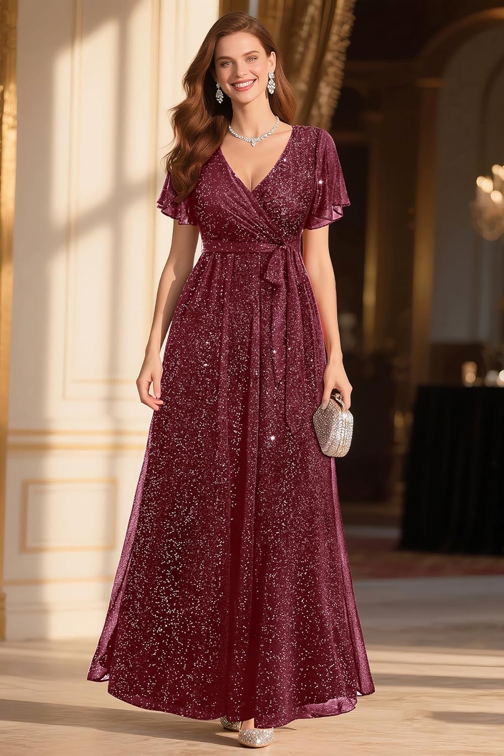 Pinup Fashion Formal Gowns and Evening Dresses – Glitter Prom V Neck Flutter Sleeve A-line Long Dress with Belt