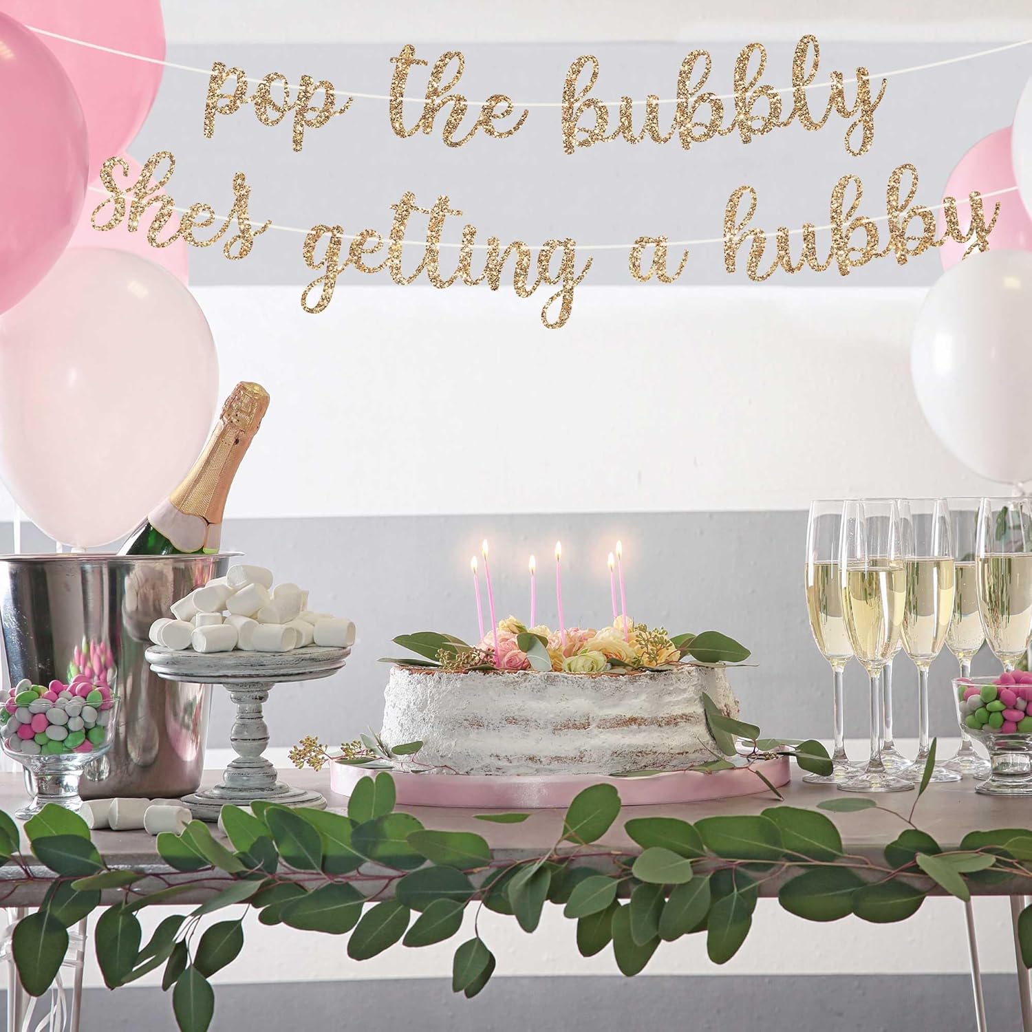 Pre-strung Pop the Bubbly Shes Getting a Hubby Banner – No DIY – Gold Glitter Bachelorette Bridal Party Banner – Pre-strung on 8 ft Strand – Bachelorette Party Decorations. Did We Mention No DIY