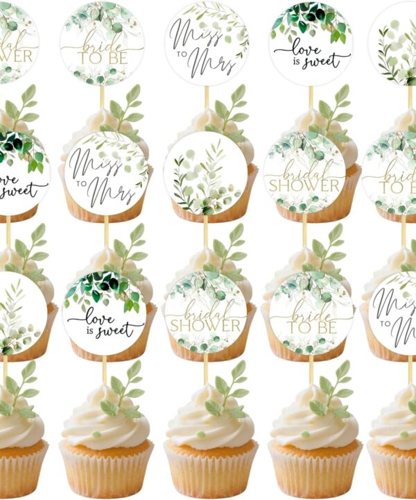 25 PCS Greenery Bridal Shower Cupcake Toppers Sage Green Bride To Be Cupcake Picks for Women Wedding Engagement Bridal Bachelorette Party