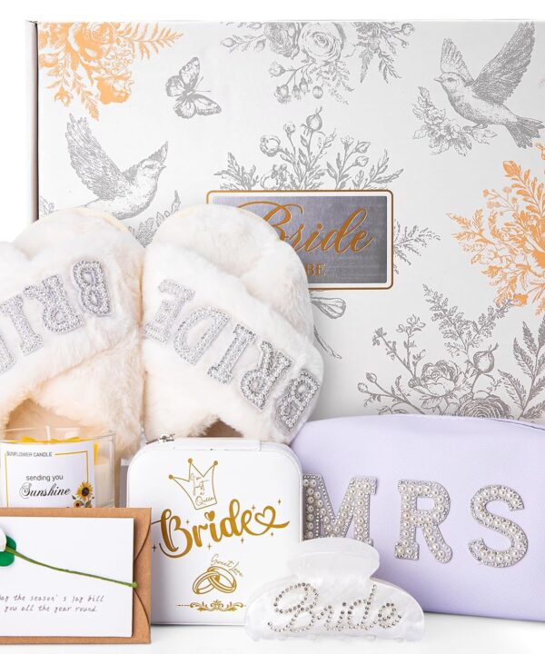 Bridal Shower Gifts Bride To Be Gifts Bride Slippers Mrs Jewelry Box Bride Hair Clip Scented Candle Wedding Engagement Bachelorette Gift for Bride To Be - 7PCS Bride Gift Greeting Card with Gift Box