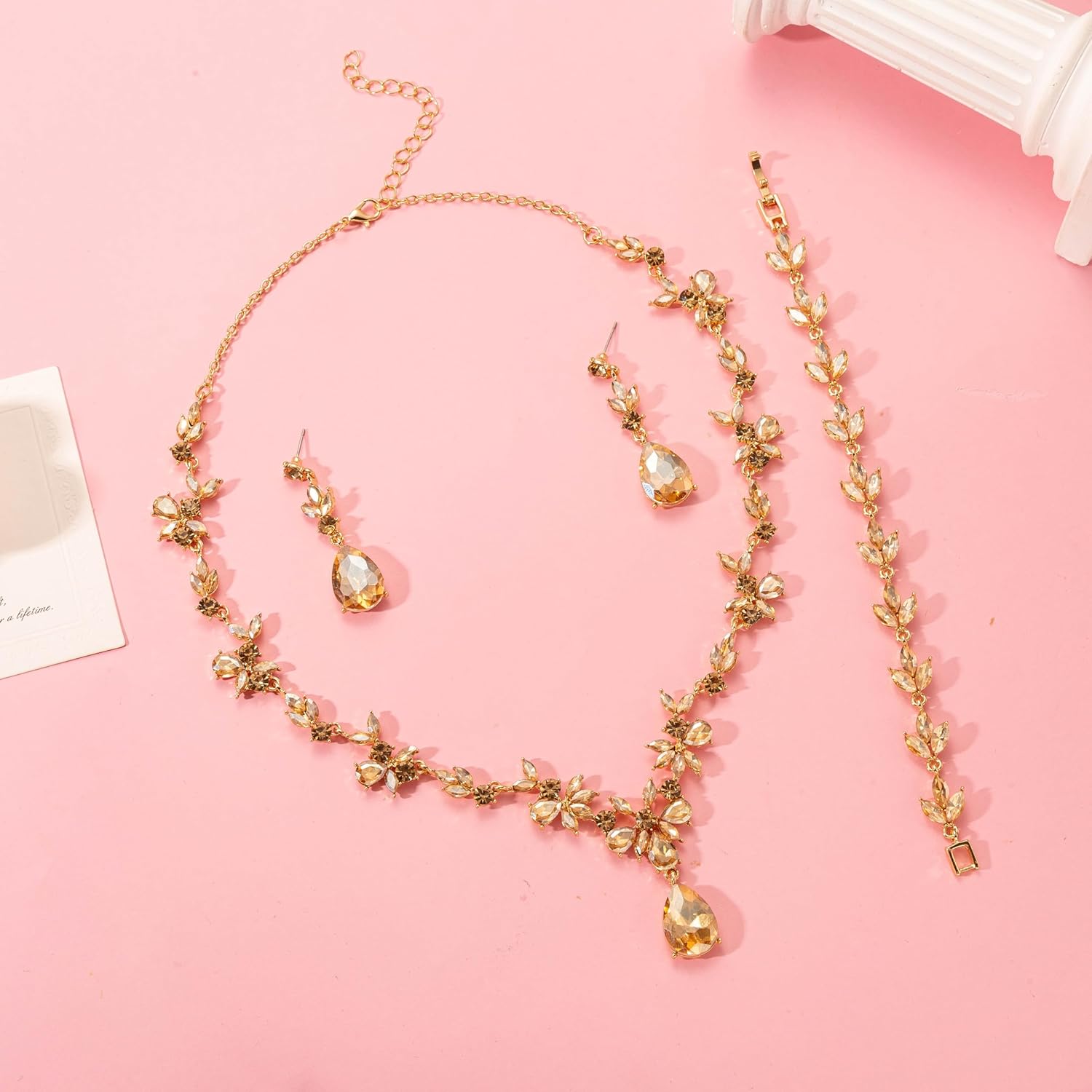 Paxuan Bridal Wedding Elegant Floral Jewelry Set for Women/Brides/Bridesmaids Crystal Jewelry Set for Wedding Prom Party Bridal Crystal Necklace Earrings Bracelet Set