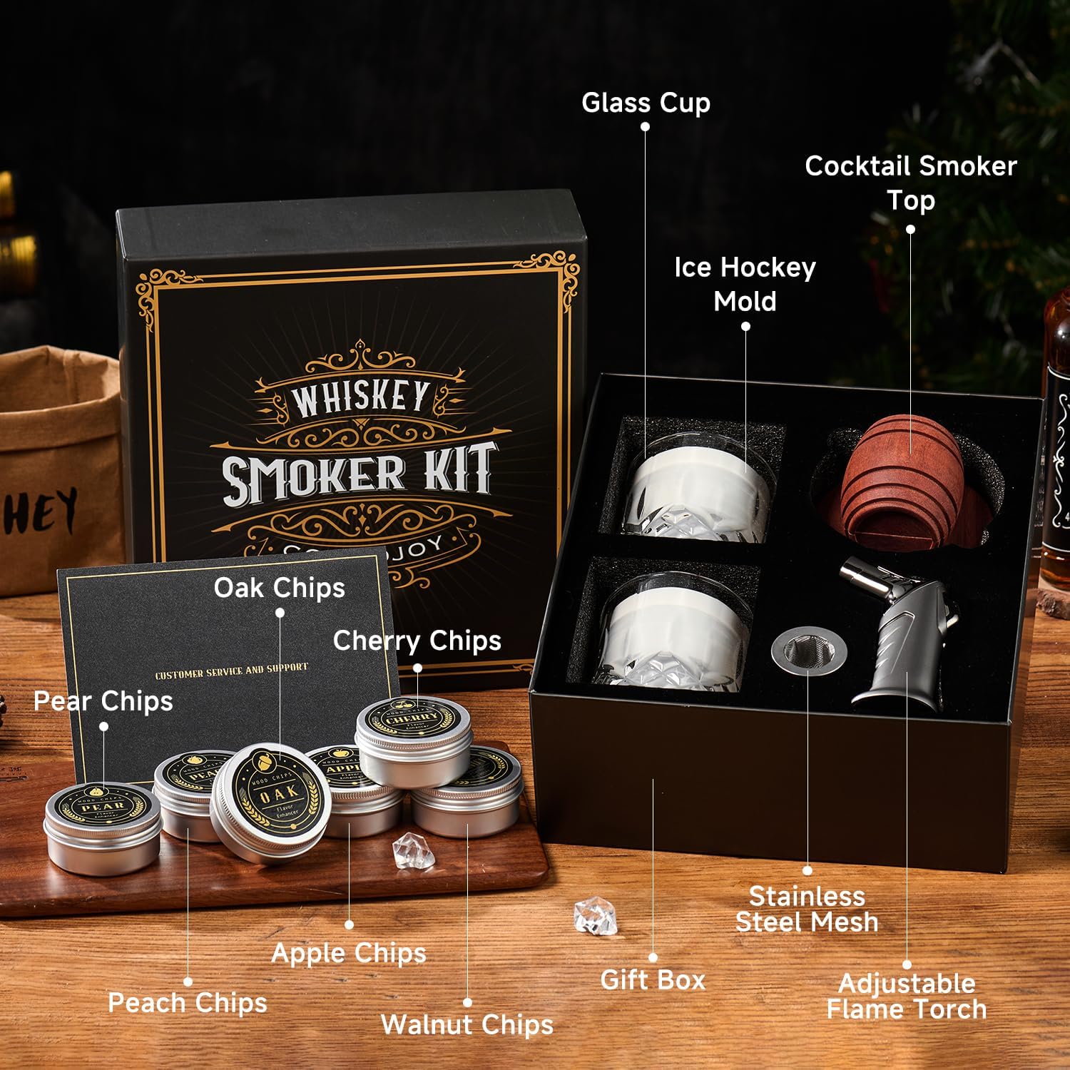 Whiskey Smoker Kit with Torch – 6 Flavors Wood Chips, 2 Glasses, 2 Ice Ball Molds – Cocktail Smoker Infuser Kit, Old Fashioned Drink Smoker Kit, Birthday Bourbon Whiskey Gifts for Men,Dad(NO Butane)