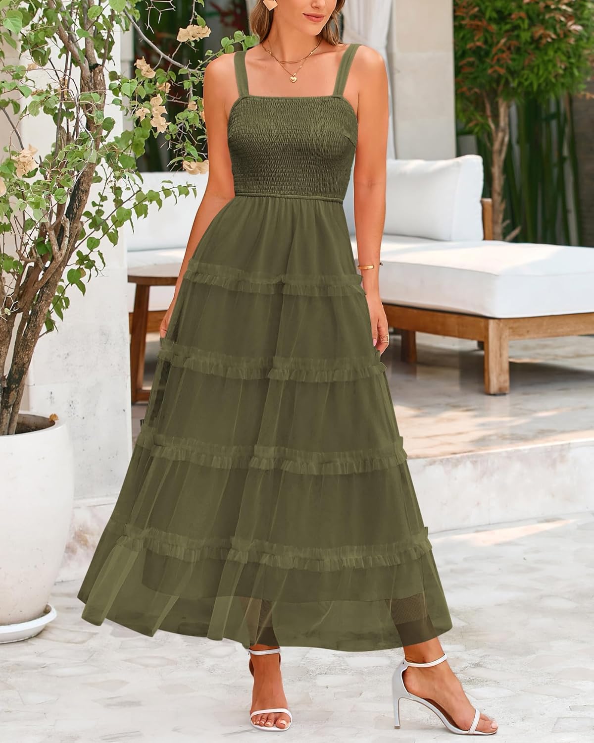 PRETTYGARDEN Womens Summer Dresses 2025 Sleeveless Smocked Tiered Ruffle Tulle A-Line Flowy Wedding Party Maxi Dress