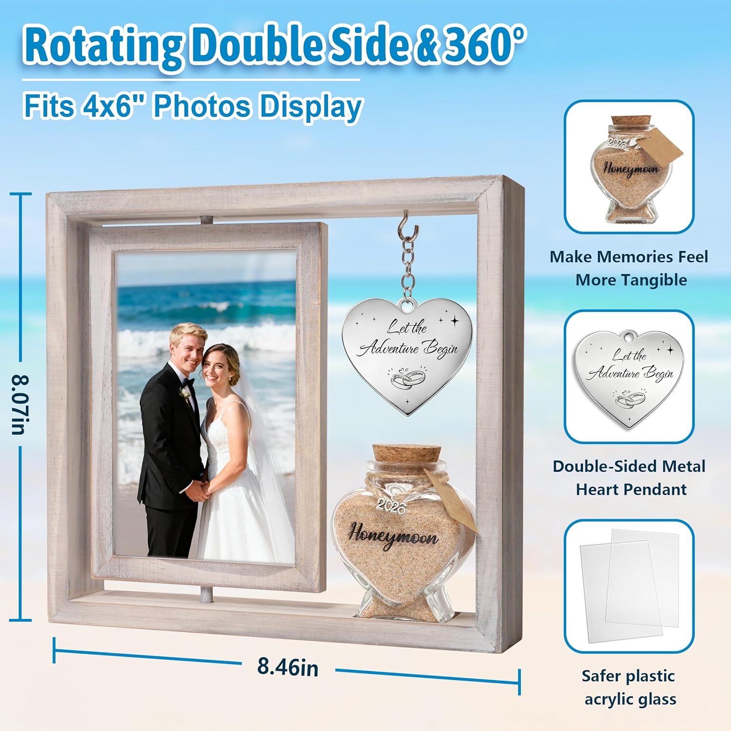 Wedding Gifts for Couples 360 Rotating Double-Sided Picture Frame with Honeymoon Sand Keepsake Jar, Holds Two 4×6 Photos, Ideal for Bridal Shower, Mr & Mrs Engagement and Newlywed Gift Set (Let the adventure begin-White)