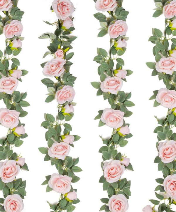 TELDRASSIL 4Pcs(26 FT) Artificial Rose Vine Fake Flower Garland Fake Silk Rose Hanging Vine for Wedding Party Background Arch Garden Background Decoration (Pink)