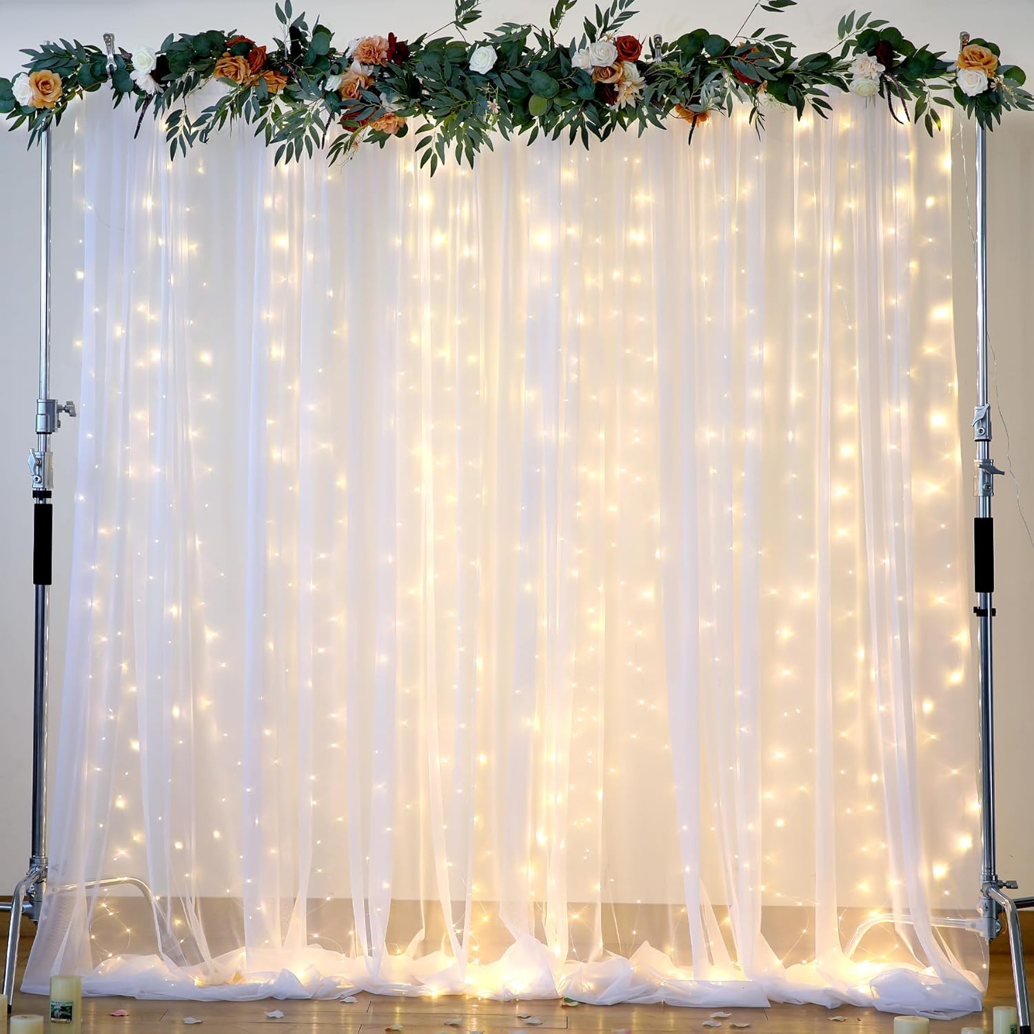 White Tulle Backdrop Curtain with Lights String for Parites 108ft Sheer Backdrop Curtains White Curtain Backdrop for Wedding Baby Shower Birthday Party Photo Shoot Decorations(2 Panels 10ft8ft)
