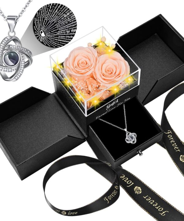 2 Preserved Rose Gift for Women - Eternal Rose with I Love You Necklace - Romantic Birthday Gifts for Girlfriend Mom Her Wife Grandma on Valentines Mothers Day Anniversary Christmas-Red Champagne