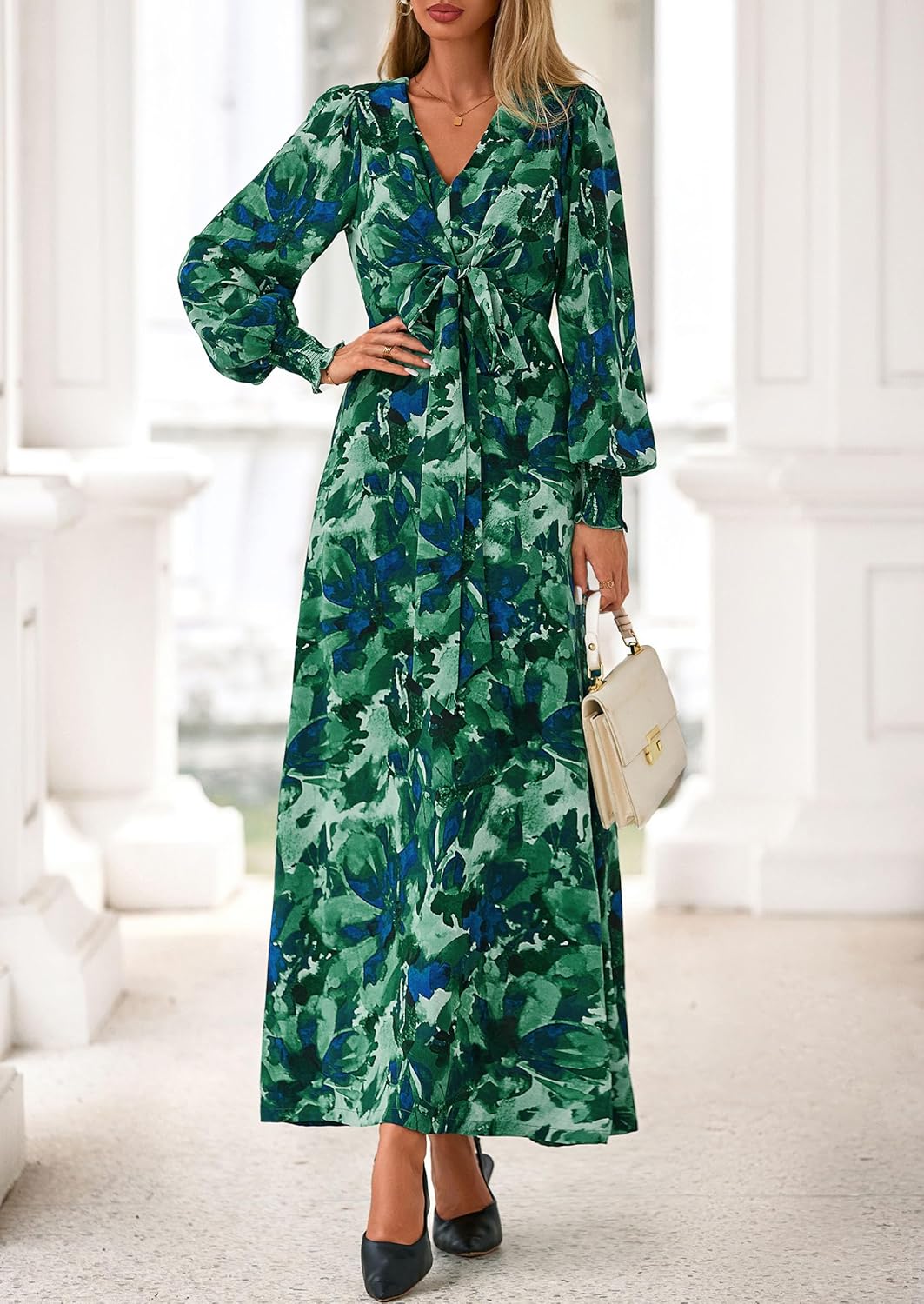 PRETTYGARDEN Womens 2026 Spring Wedding Guest Dresses Floral Long Sleeve V Neck Belted Long Flowy Boho Maxi Dress