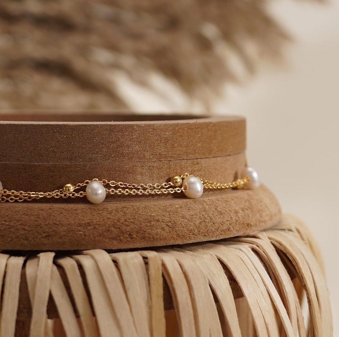 NECOCY 14K Gold Plated Pearl Bracelets for Women, Dainty Bracelets Stack Trendy Pearls Beaded Link Chain Charm Bracelets Set Layered Non Tarnish Tiny Cute Jewelry for Women