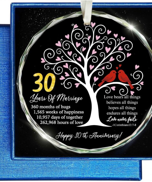 30th Wedding Anniversary Glass Ornament – Love Tree & Birds with Bible Verse – Pearl 30 Year Marriage Keepsake Gift for Parents, Couples, Wife, Husband – Elegant Christian Hanging Decoration