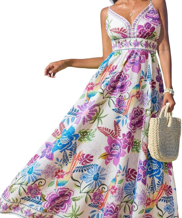 CUPSHE Women's Summer Dresses Casual Spring V Neck Sleeveless Floral Beach Vacation Long Spaghetti Strap Flowy Maxi Dress