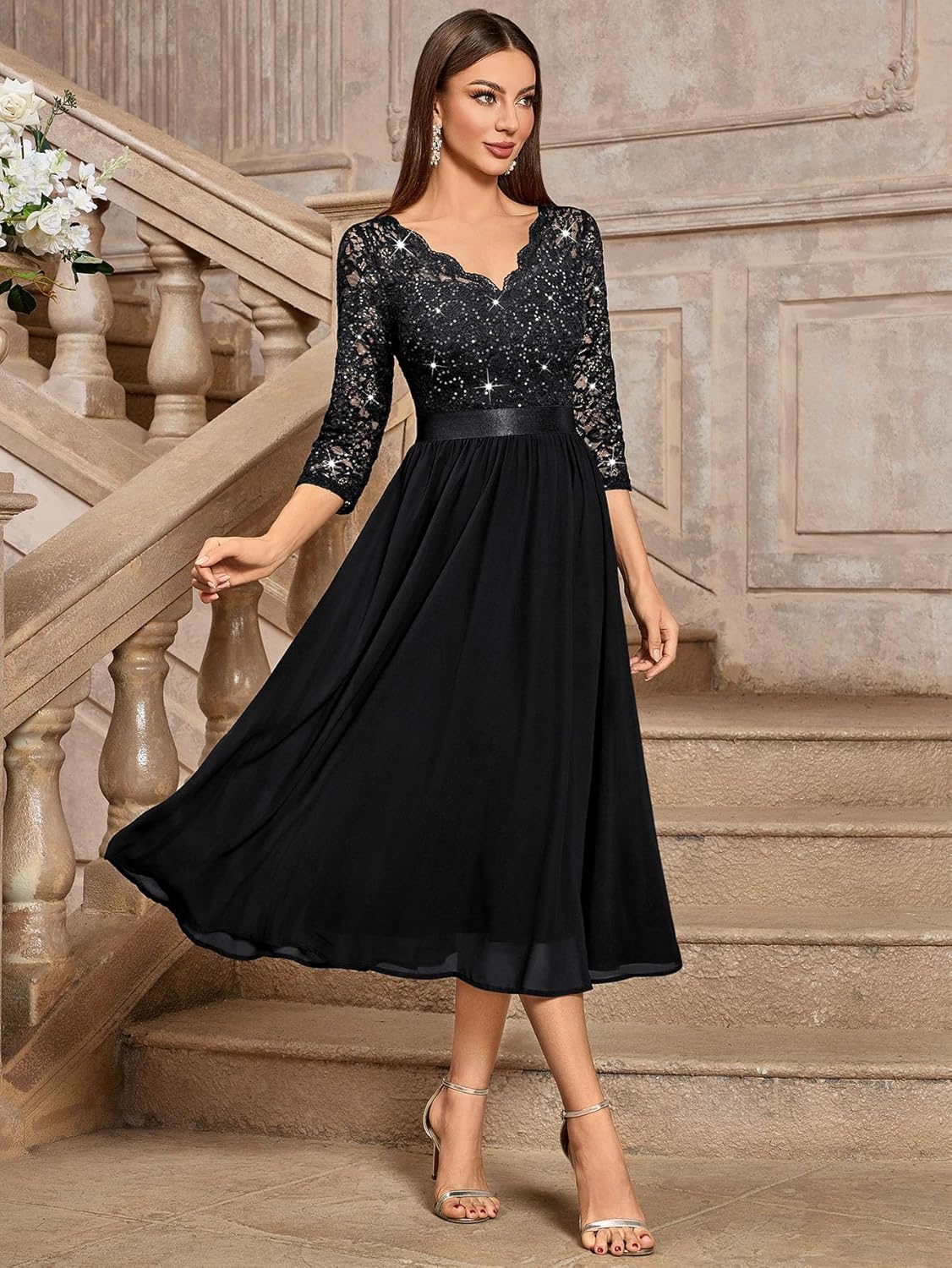 Miusol Womens Elegant V Neck Sequin Lace Sleeve Bridesmaid Party A-line Dress