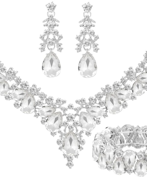 Elegant Bridal Wedding Jewelry Set for Women/Brides/Bridesmaids Teardrop Crystal Leaf Cluster Jewelry Set for Wedding Prom Party Bridal Bridesmaids Rhinestone Crystal Necklace Earrings Bracelet Set