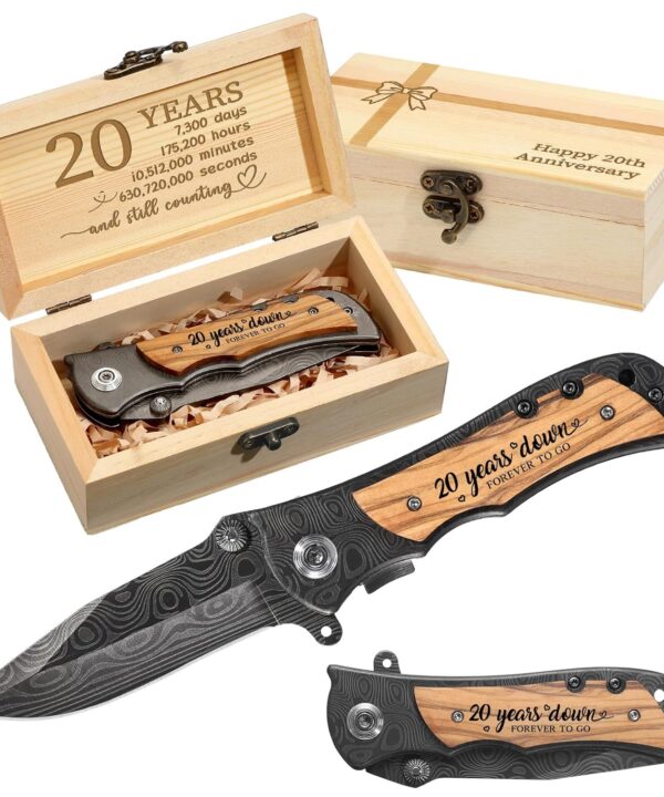 Lanties 20 Year Anniversary Keepsake Gifts for Him Engraved Pocket Knife with Gift Box Happy Tin Anniversary Customized Wedding Birthday Father's Day Gifts for Men Husband