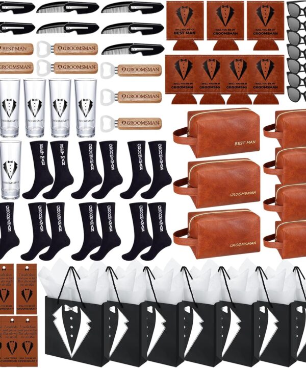 70Pcs Groomsmen Gifts Groomsmen Proposal Box with Shot Glasses Socks Sunglasses PU Leather Toiletry Bag Bottle Opener Can Cooler Groomsman Gifts for Wedding Groomsmen Best Man Gift (70, Brown)