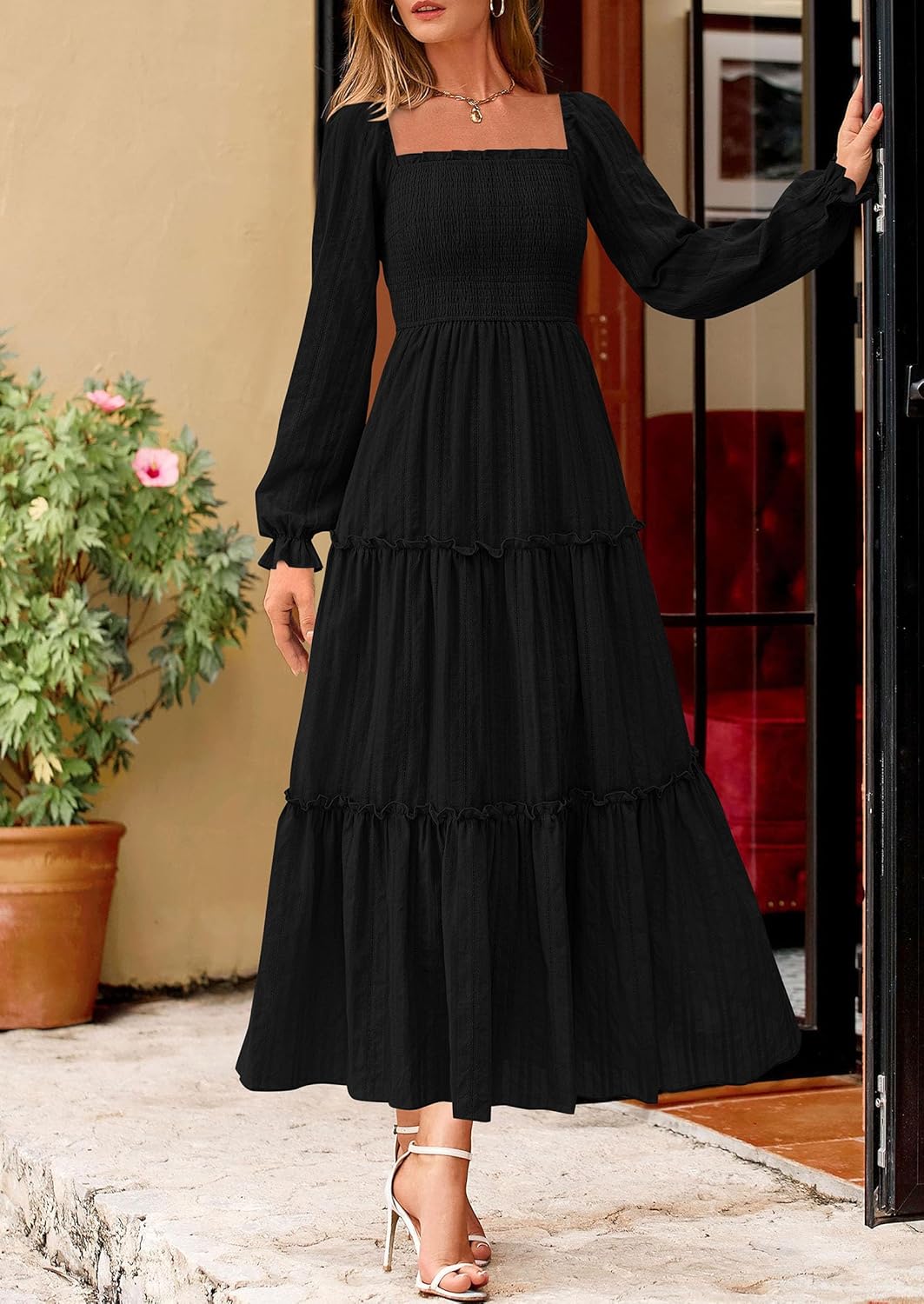 PRETTYGARDEN Spring Dresses for Women 2026 Casual Long Sleeve Smocked Ruffle Flowy Elegant Wedding Guest Maxi Dress Pockets
