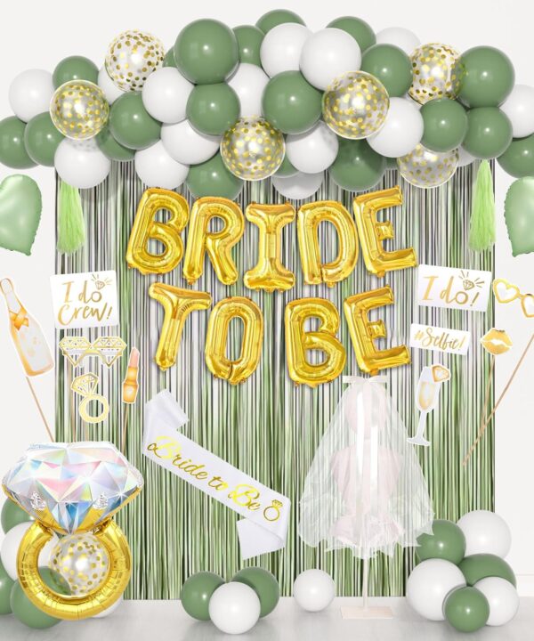 Amandir Bachelorette Party Decorations Supplies, Sage Green Bridal Shower Decorations Foil Ring Bride To Be Sash Veil, White Gold Confetti Heart Balloons Photo Booth Props Fringe Curtains Paper Tassel