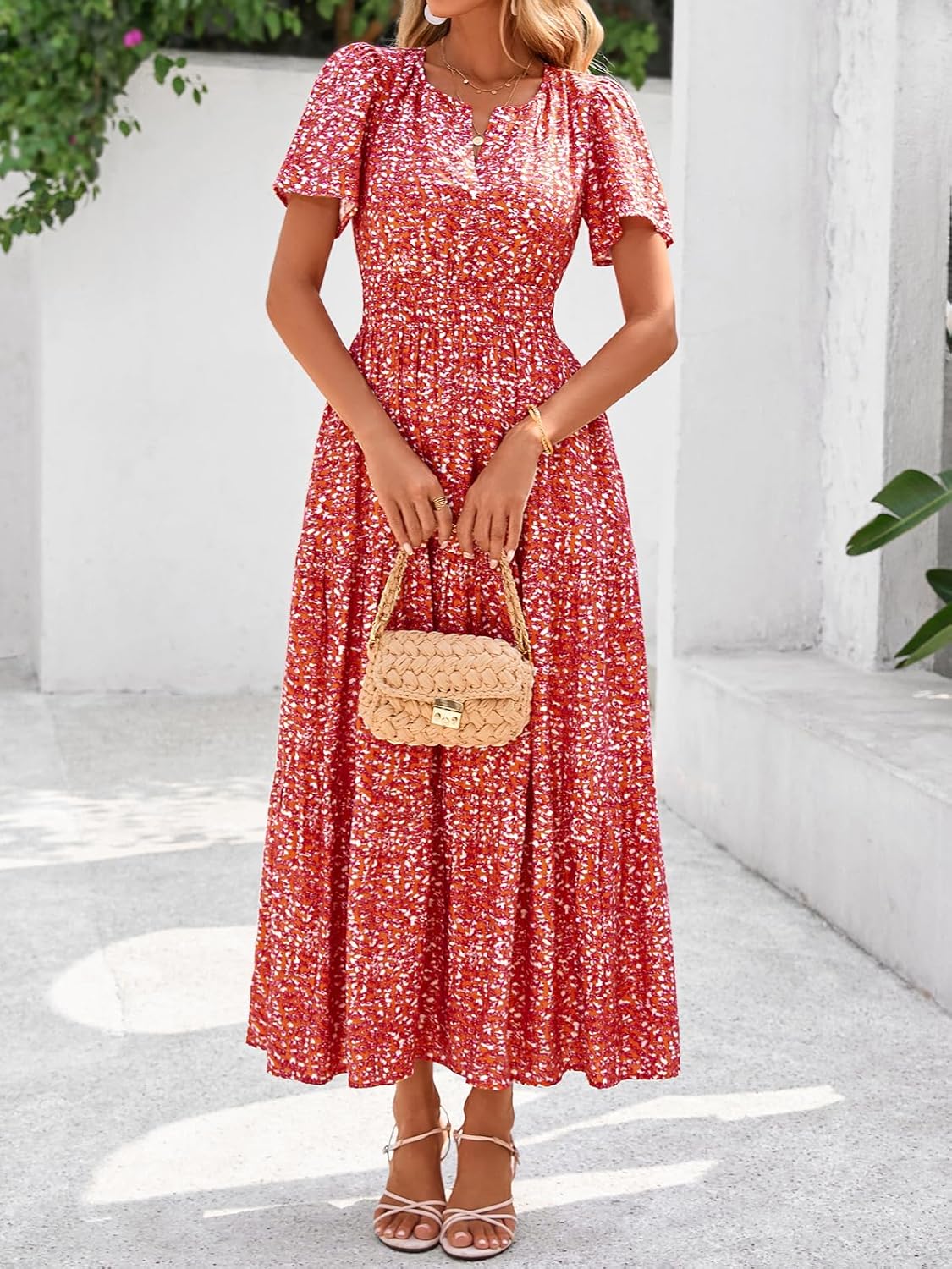 BTFBM Womens Summer Floral Maxi Dresses V Neck Short Sleeve Boho Casual Flowy Long Wedding Guest Dress Beach Vacation