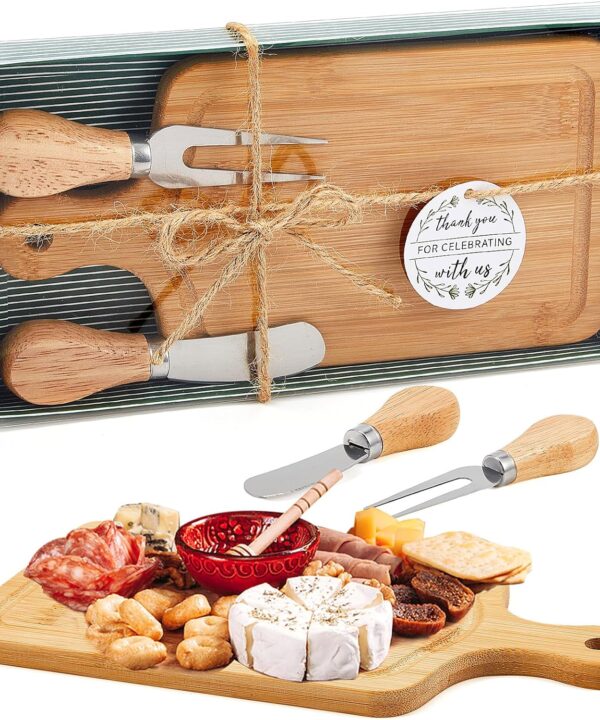 Ziliny 1 Set Bridal Baby Shower Cheese Prizes Wooden Square Board Gift Set Knives Forks Thank You Tags with Box for Guests for Valentines Bridal Baby Shower Housewarming Gifts (Bamboo Color)