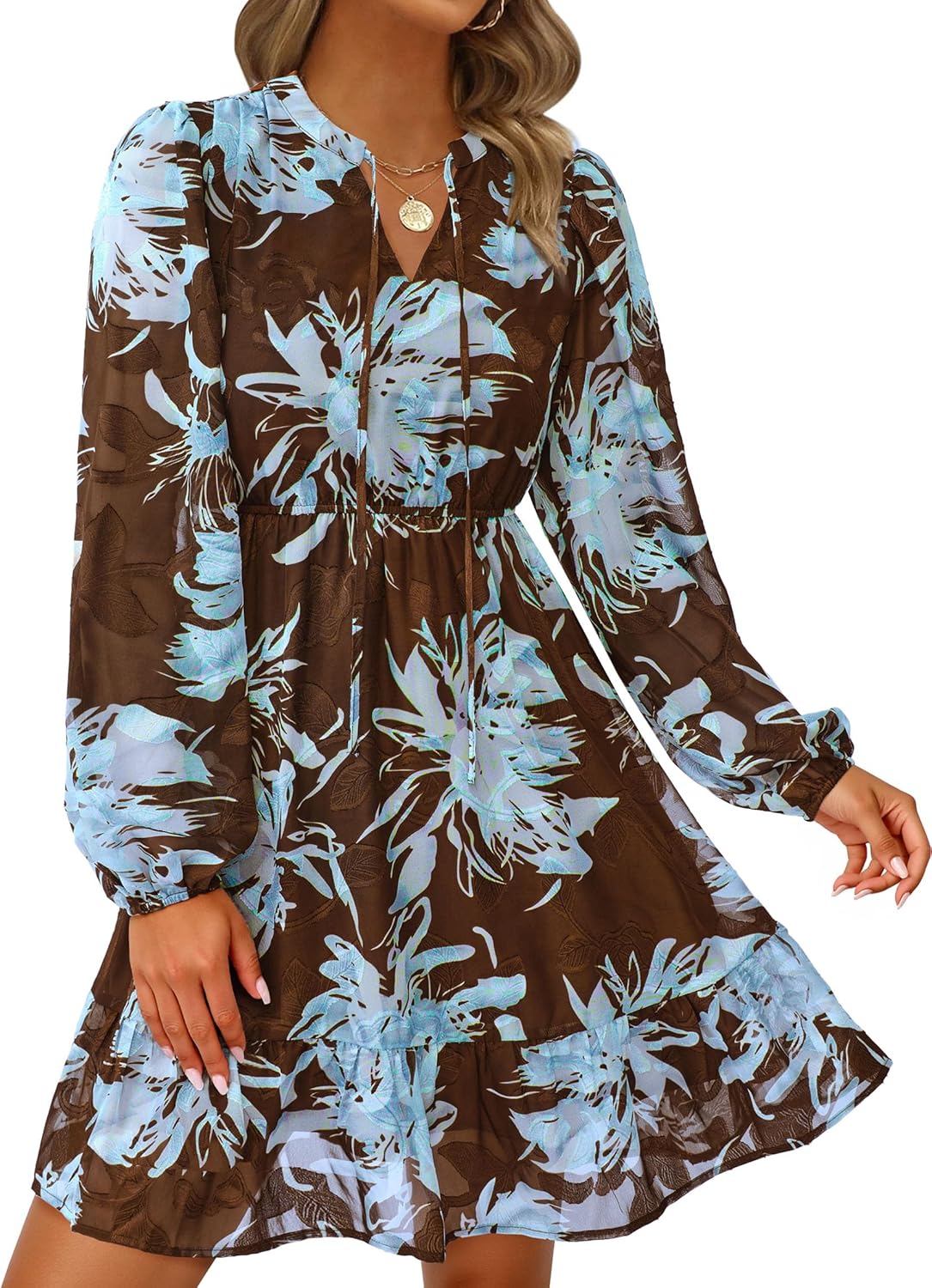 PRETTYGARDEN Women's Fall Boho Dresses 2026 Floral Long Sleeve V Neck Mini Flowy Wedding Guest Dress Trendy Vacation Outfits