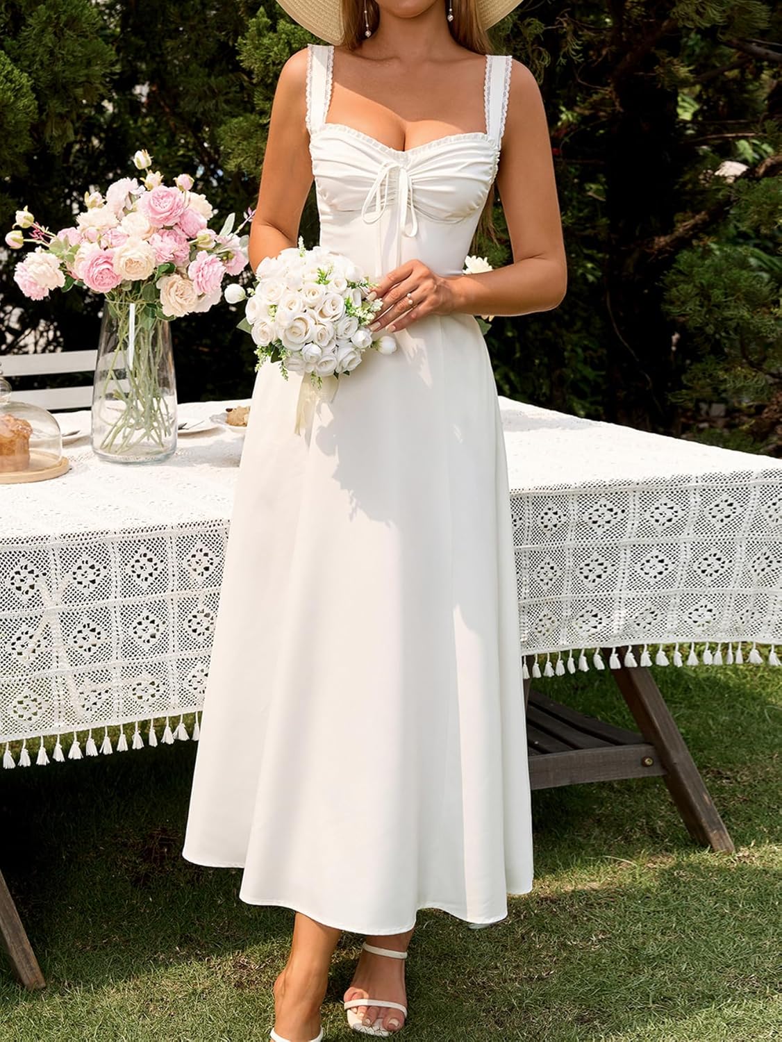 KUTUMAI Floral Corset Midi Dresses for Women 2026 Lace Up Flowy Summer Wedding Guest Dress with Pockets