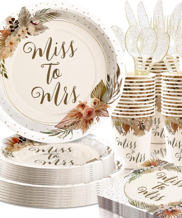 Boho Bridal Shower Decorations, 168Pcs Bridal Shower Plates and Napkins Sets Serve 24, Miss to Mrs, Love is In Bloom, Love is Brewing, Bride To Be, Bachelorette, Fall in Love Wedding Shower