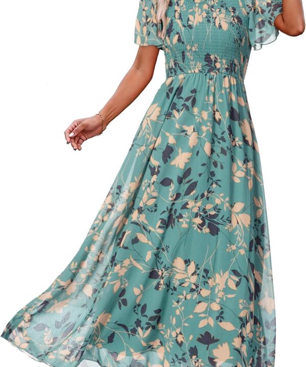 Simplee Womens Summer Floral Summer Maxi Dresses Boho Flowy Flutter Short Sleeve Crew Neck Vacation Smocked Chiffon Dress