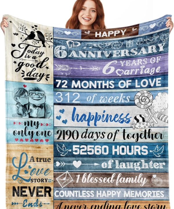 6 Year Anniversary Traditional Gifts for Her Him, 6th for Her, 6 Year Iron Anniversary Wedding Gift, Happy Anniversary Blanket Decorations Present for Women Men Couple