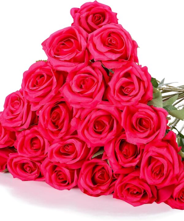 Hotop 20 Pcs Artificial Rose Flowers with Long Stem,Real Touch Silk Realistic Plastic Bouquet Roses Bulk for Home Decor Bridal Wedding Party Table Centerpieces Decorations(Hot Pink)