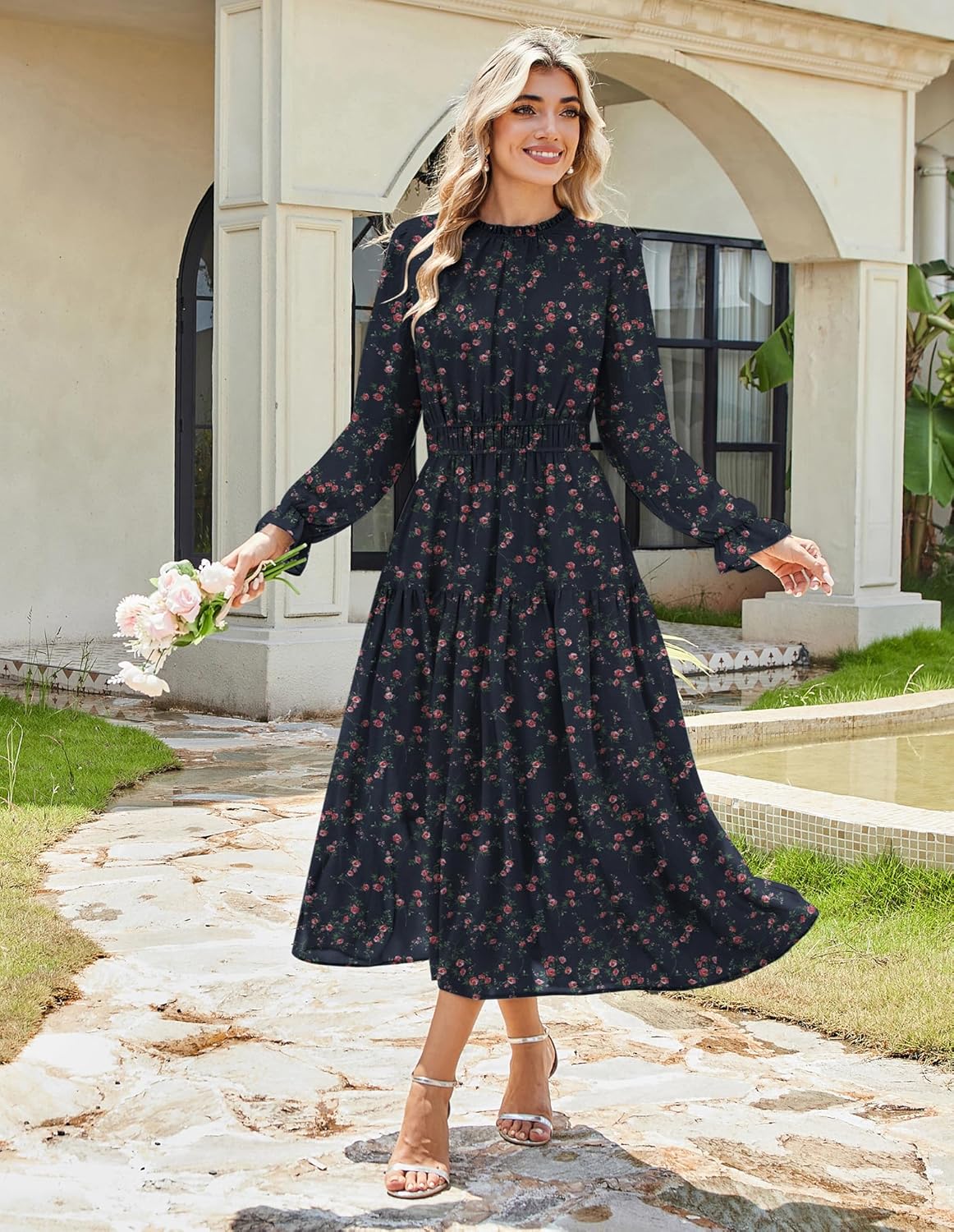 GRACE KARIN Womens Long Sleeve Maxi Dress 2026 Chiffon Flowy Wedding Guest Dresses Floral Dress with Pockets