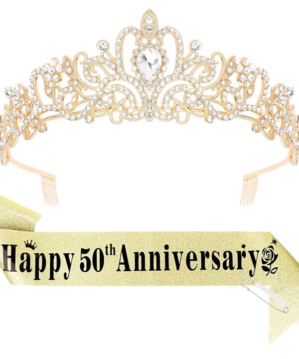YARIEW 50th Anniversary Decorations, Gold Crown and Happy 50th Anniversary Sash Set, Tiara Crown Sash for 50th Wedding Anniversary Decorations for Party Gifts for Women