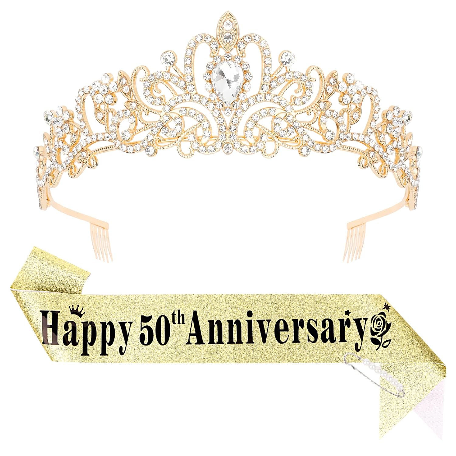 YARIEW 50th Anniversary Decorations, Gold Crown and Happy 50th Anniversary Sash Set, Tiara Crown Sash for 50th Wedding Anniversary Decorations for Party Gifts for Women
