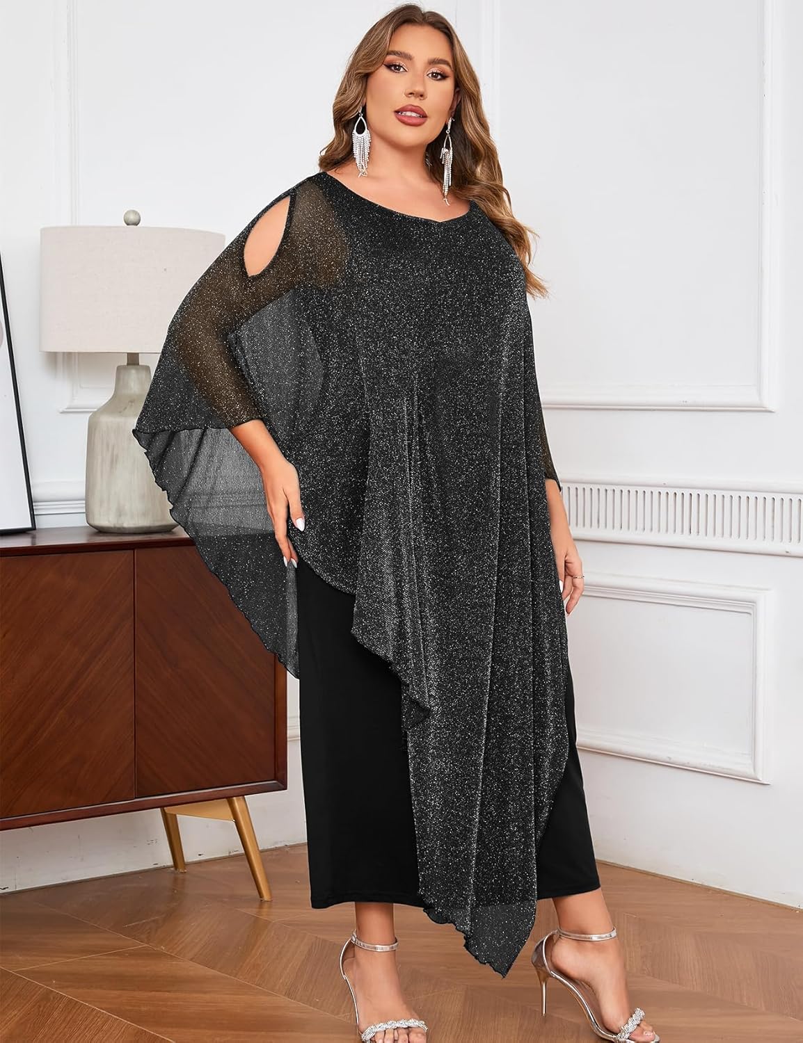 ZOMVA Plus Size Elegant Formal Dress Long Cape Overlay Wedding Guest Formal Cocktail Mother of Bride Outfit