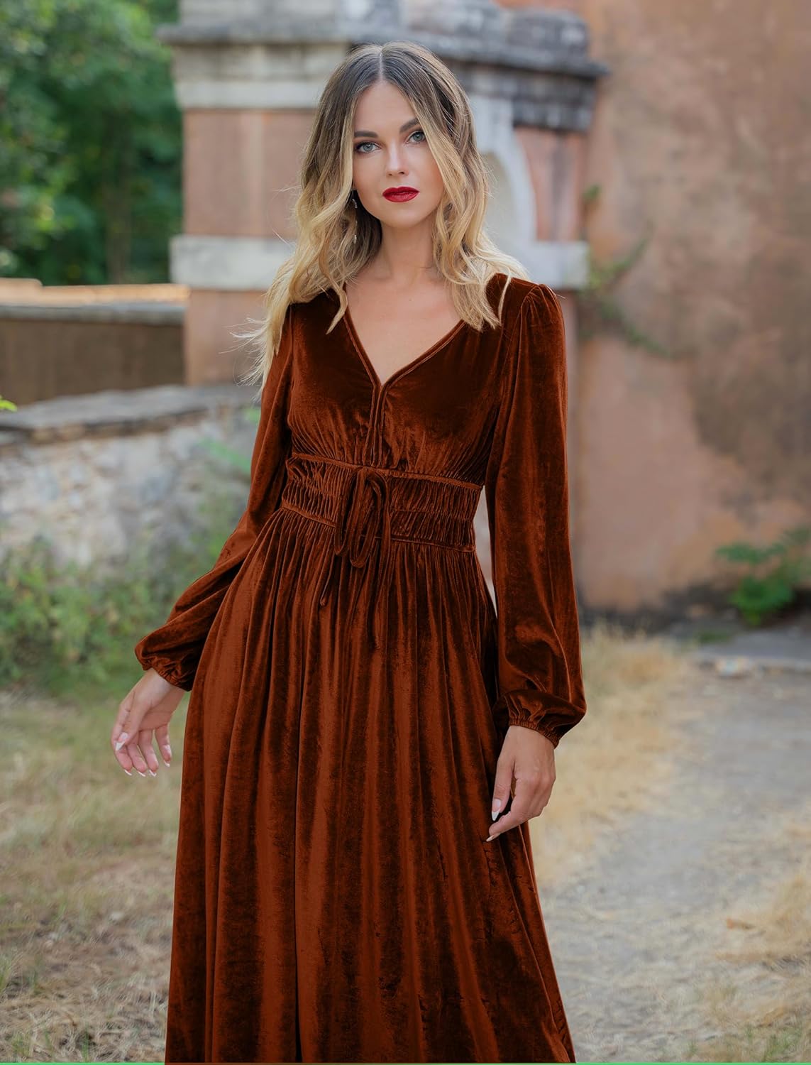 ZAFUL Womens Long Sleeve Velvet Dress 2025 Fall V Neck Holiday Cocktail Party Semi Formal Midi Dresses for Wedding Guest