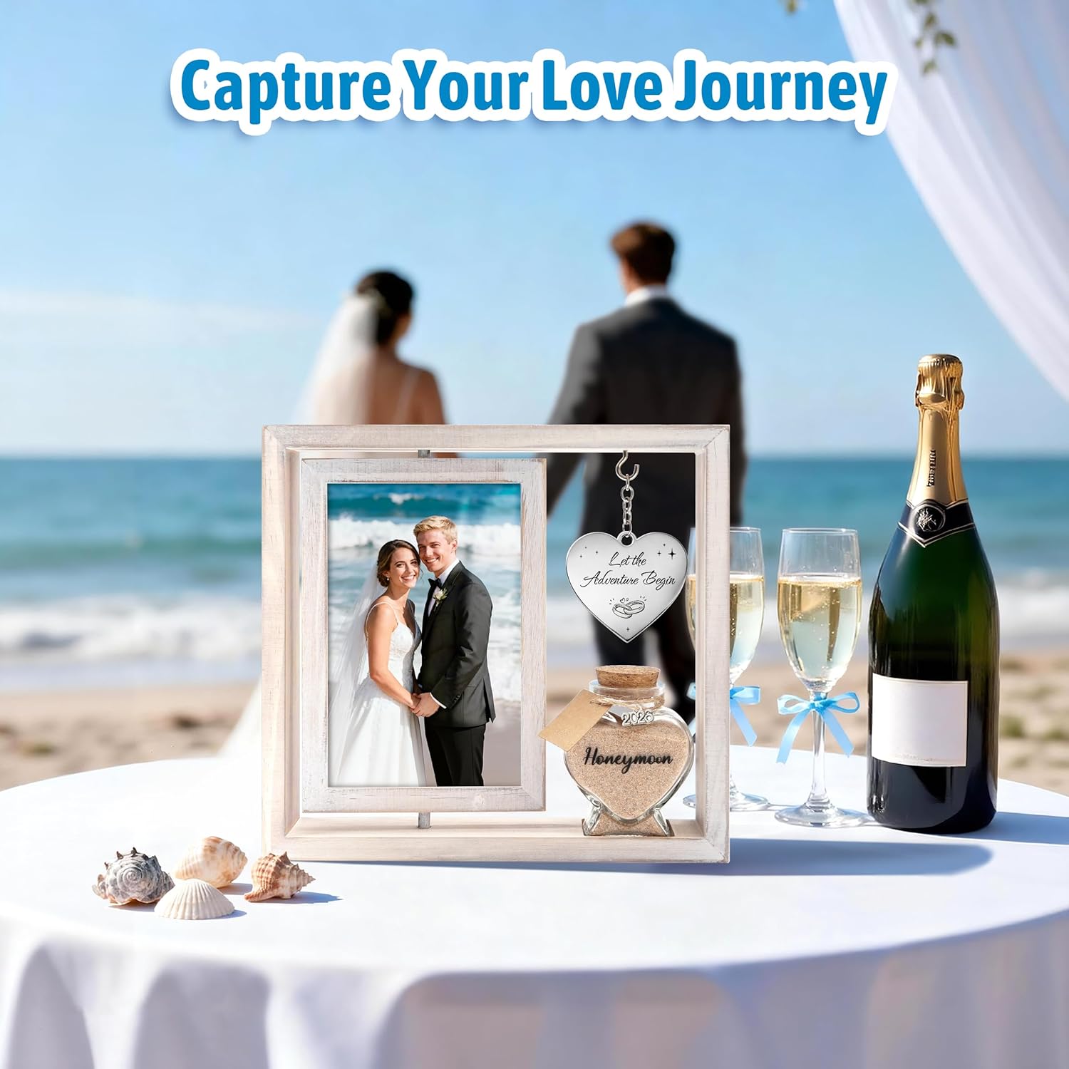 Wedding Gifts for Couples 360 Rotating Double-Sided Picture Frame with Honeymoon Sand Keepsake Jar, Holds Two 4×6 Photos, Ideal for Bridal Shower, Mr & Mrs Engagement and Newlywed Gift Set (Let the adventure begin-White)