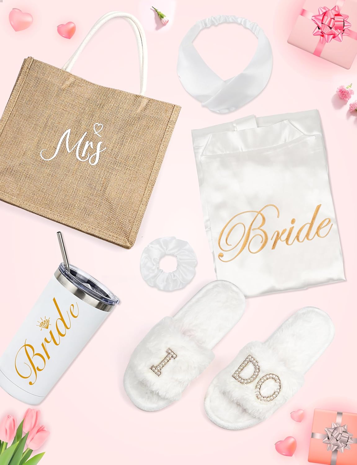 EPLAZA 6 Pcs Bride Robe for Wedding Day Set Bridal Robe with Slippers Tumbler Tote Lace Trim Wedding Robes for Bachelor Party