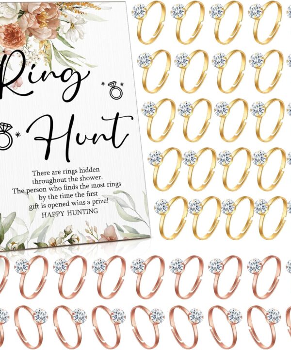 Bucherry Bridal Shower Games with Rings Funny Hunt Games Sign Wooden Game Sign and 100 Mini Plastic Fake Rings with Diamond for Bride Shower Game Wedding Winner Gifts Party Favors (Elegant)