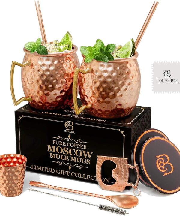 COPPER-BAR Moscow Mule Copper Mugs - Unique HANDCRAFTED Gift Set of 2, Hammered by Artisan, 100% Pure Solid Copper Cups 16oz for Drinking Water & Cocktails, Include 13 Pcs accessories & Special Opener