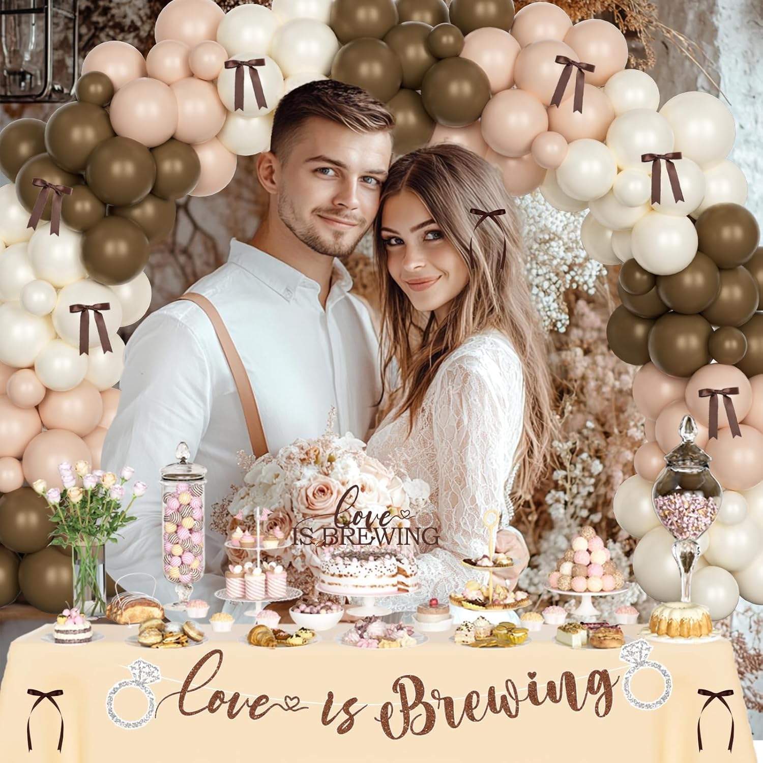 Love is Brewing Bridal Shower Decorations – Coffee Bridal Shower Decorations with Balloon Garland, Cake Topper, Banner, Backdrop, Poster for Espresso Martini Decor
