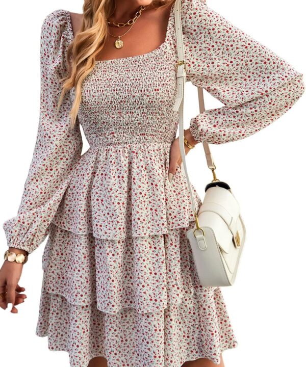 BTFBM Womens Long Sleeve Dress Vacation Square Neck Smocked Floral Swiss Dot Mini Boho Spring Wedding Guest Dresses 2026