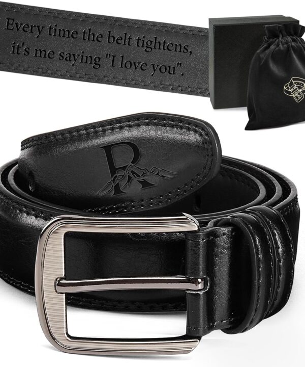 Personalized Mens Leather Belt, Custom Initial Split Leather Black Belts Birthday Gifts for Husband Boyfriend Dad