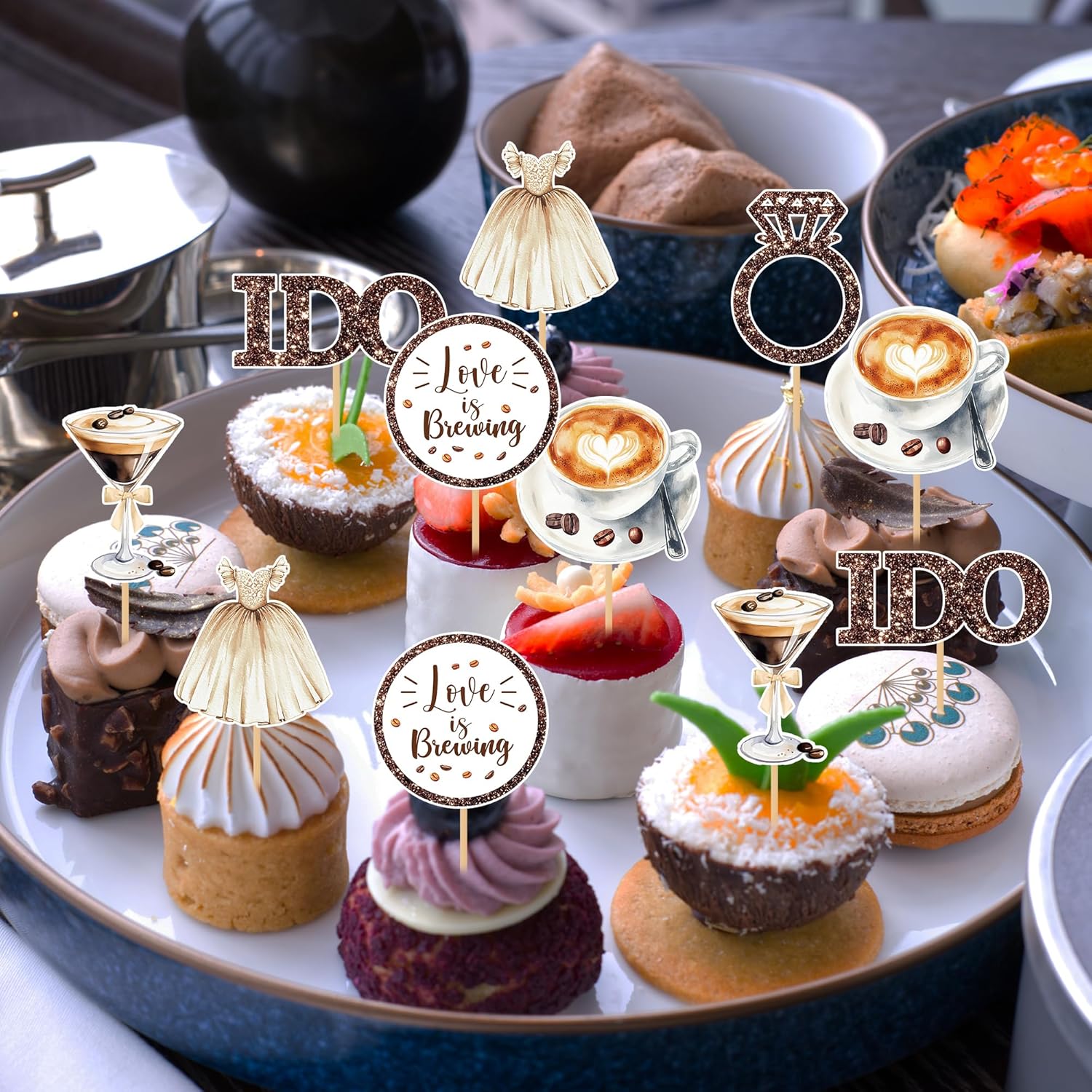 Love Is Brewing Cake Topper – 36 Pcs Bridal Shower Cupcake Topper Decorations With Romantic Elements Diamond Ring Dresss for Love Is Brewing Bridal Wedding Engagement Party Decoration Supplies